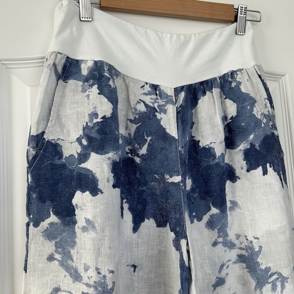 Venti6 Linen Pants Sz L Wide Leg Elastic Waist Tie Dye Blue White Breezy Coastal